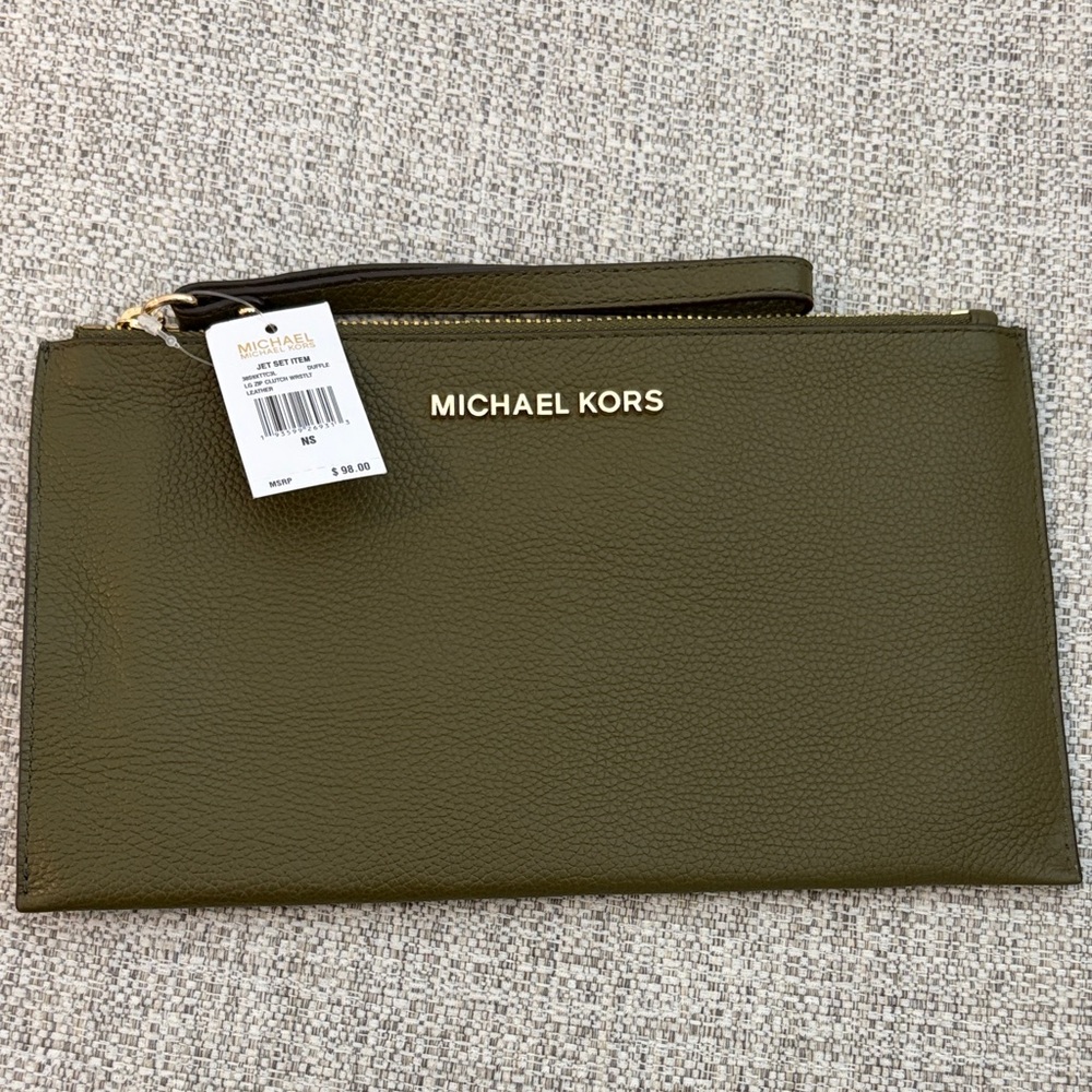 Michael Kors Olive Green Pebbled Leather Wristlet with Gold Hardware